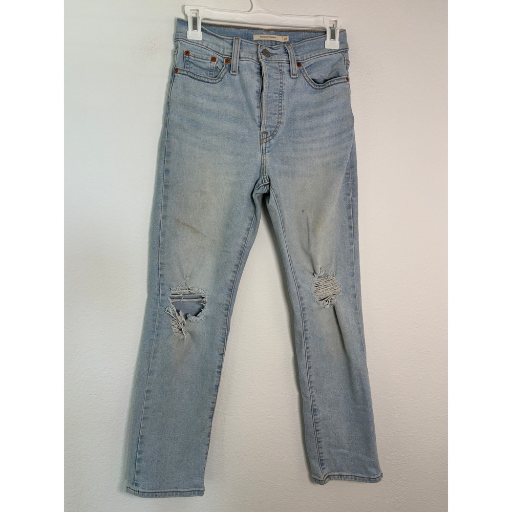 Levis Wedgie Straight Jeans Light Wash Distressed High Rise Size 26
